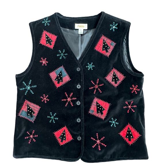 Talbots Jackets & Blazers - Vintage Talbots Black Velvet Christmas Vest/Women’s M/Red Beaded Black/Holiday